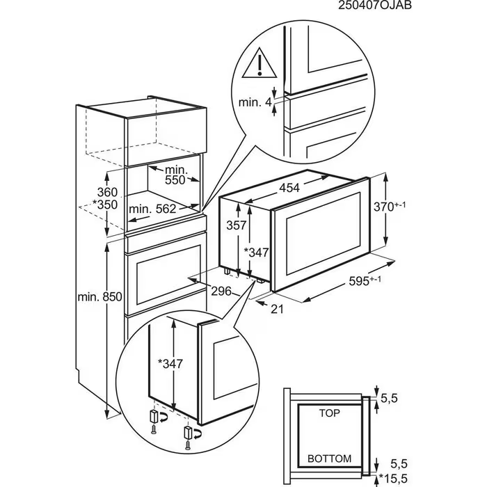Dibujo técnico de un horno empotrado con dimensiones. Muestra vistas superior, inferior y lateral con medidas en milímetros.
