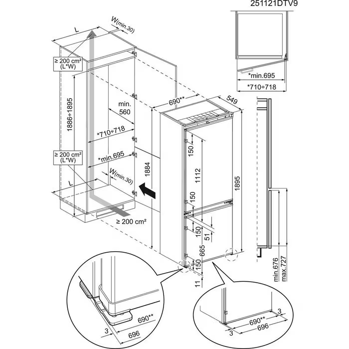 Diagrama de un refrigerador con dimensiones y etiquetas. Incluye vistas detalladas de la base y detalles.