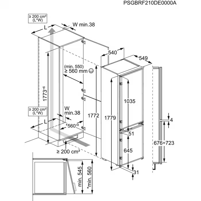 Diagrama de un refrigerador con dimensiones en milímetros. Muestra medidas de altura, ancho y profundidad para la instalación.