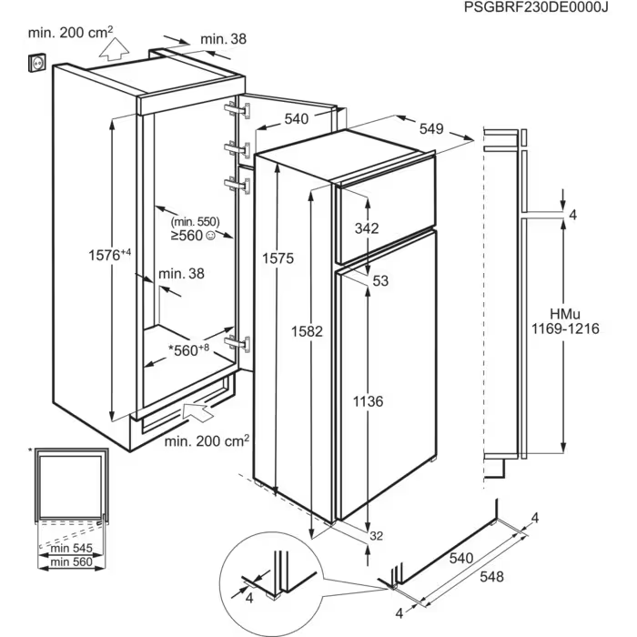 Diagrama de un refrigerador con dimensiones y especificaciones en líneas negras sobre fondo blanco.