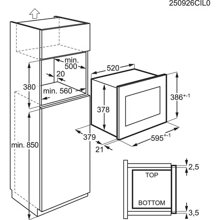 Dibujo técnico de un horno empotrado con dimensiones. Muestra vistas frontal y lateral con medidas en milímetros.