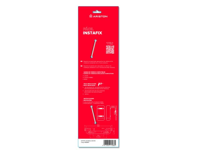 Embalaje rojo con texto blanco para InstaFix de Ariston. Incluye texto, un código QR, un diagrama y un código de barras. Fondo blanco.