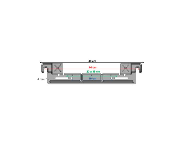 Soporte metálico gris con dimensiones en cm. Medidas: 48cm, 44cm, 23 a 36cm, 19cm y 4mm. Fondo blanco.