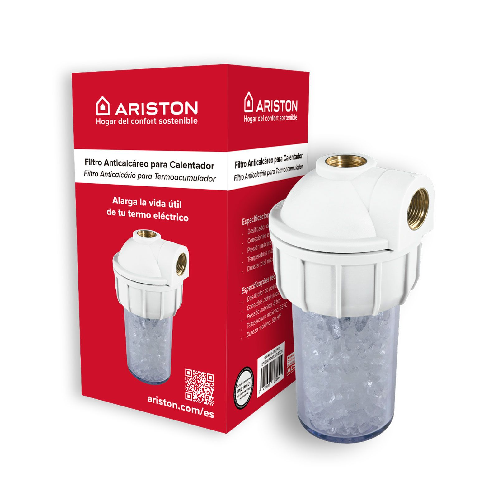 Un filtro de agua blanco y transparente para un calentador de agua, con el logotipo de ARISTON. El producto está sobre un fondo rojo.