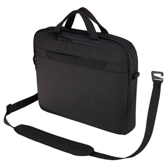 Maletín negro con asa, bandolera y bolsillo delantero. El fondo es blanco.