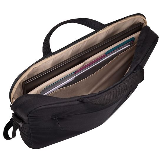 Bolso negro abierto para portátil con portátil, archivos y asa visibles. Interior beige con exterior negro. Bolsillo frontal con cremallera.