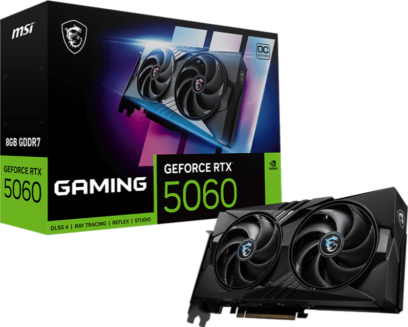 MSI GeForce RTX 5060 Grafikkarte und ihre Box. Die Karte ist schwarz mit zwei Lüftern. Die Box ist schwarz und grün.