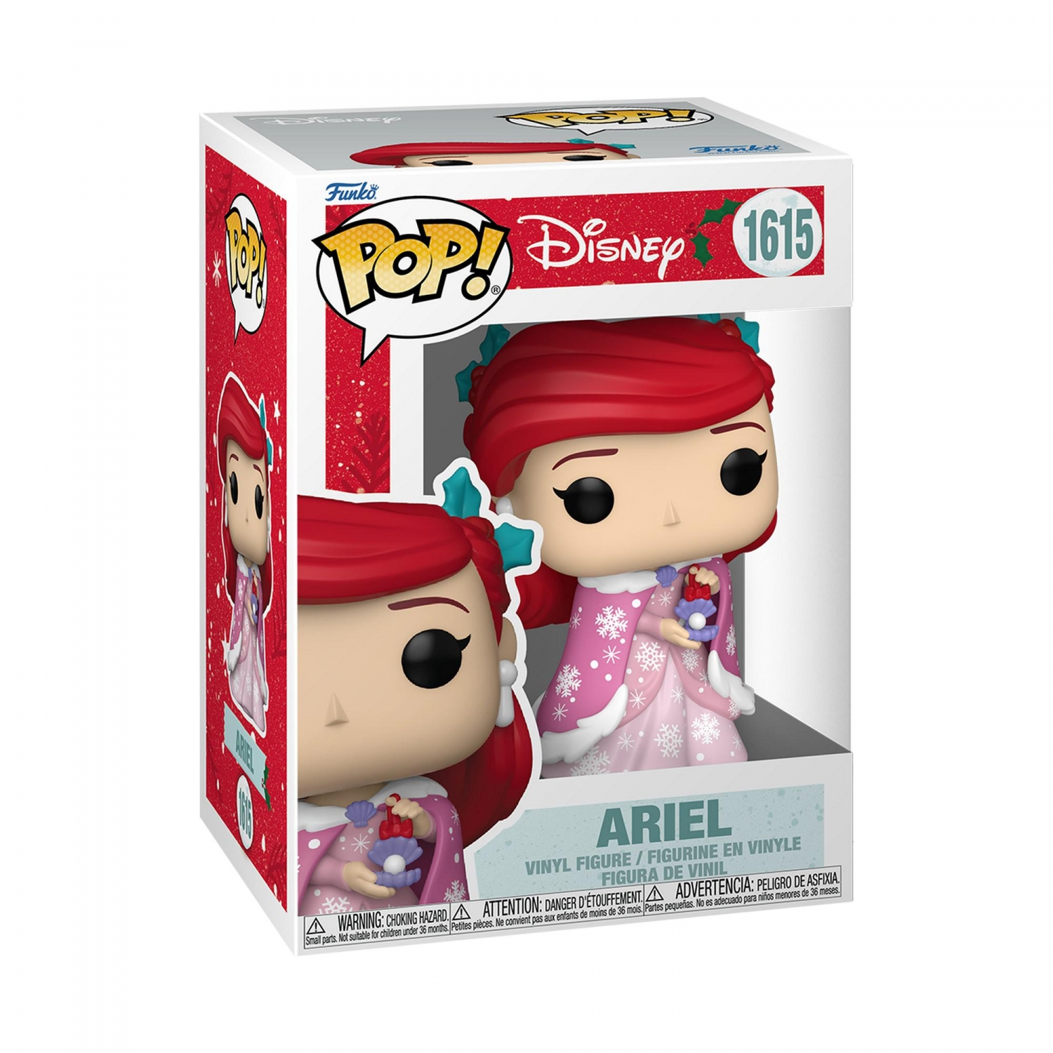 Una caja Funko Pop con una figura de Ariel. Ariel tiene el pelo rojo y un vestido rosa. La caja es blanca y roja con los logos de Disney y Funko.