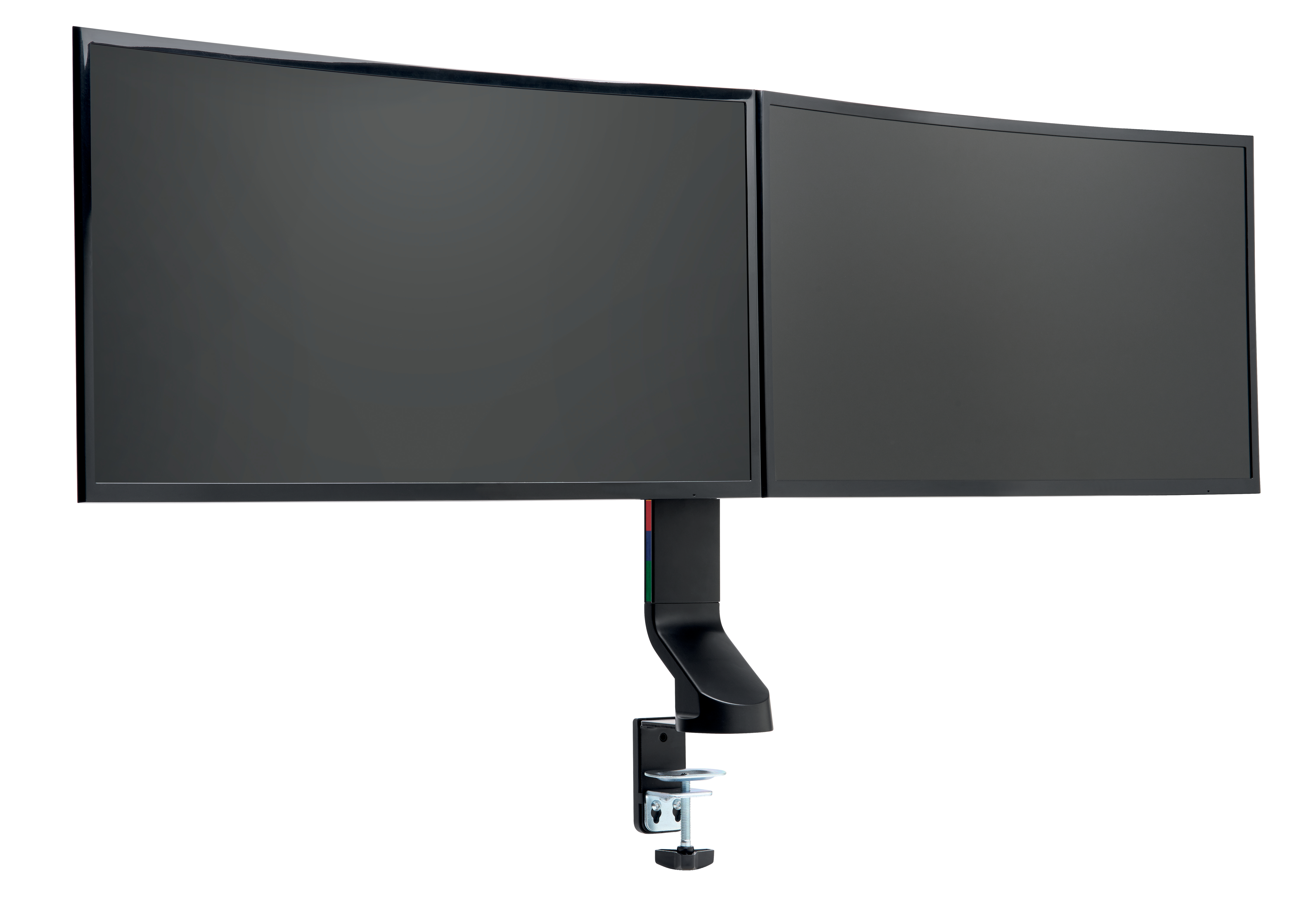 Zwei schwarze, gebogene Computermonitore auf einem schwarz-silbernen Ständer. Weißer Hintergrund.