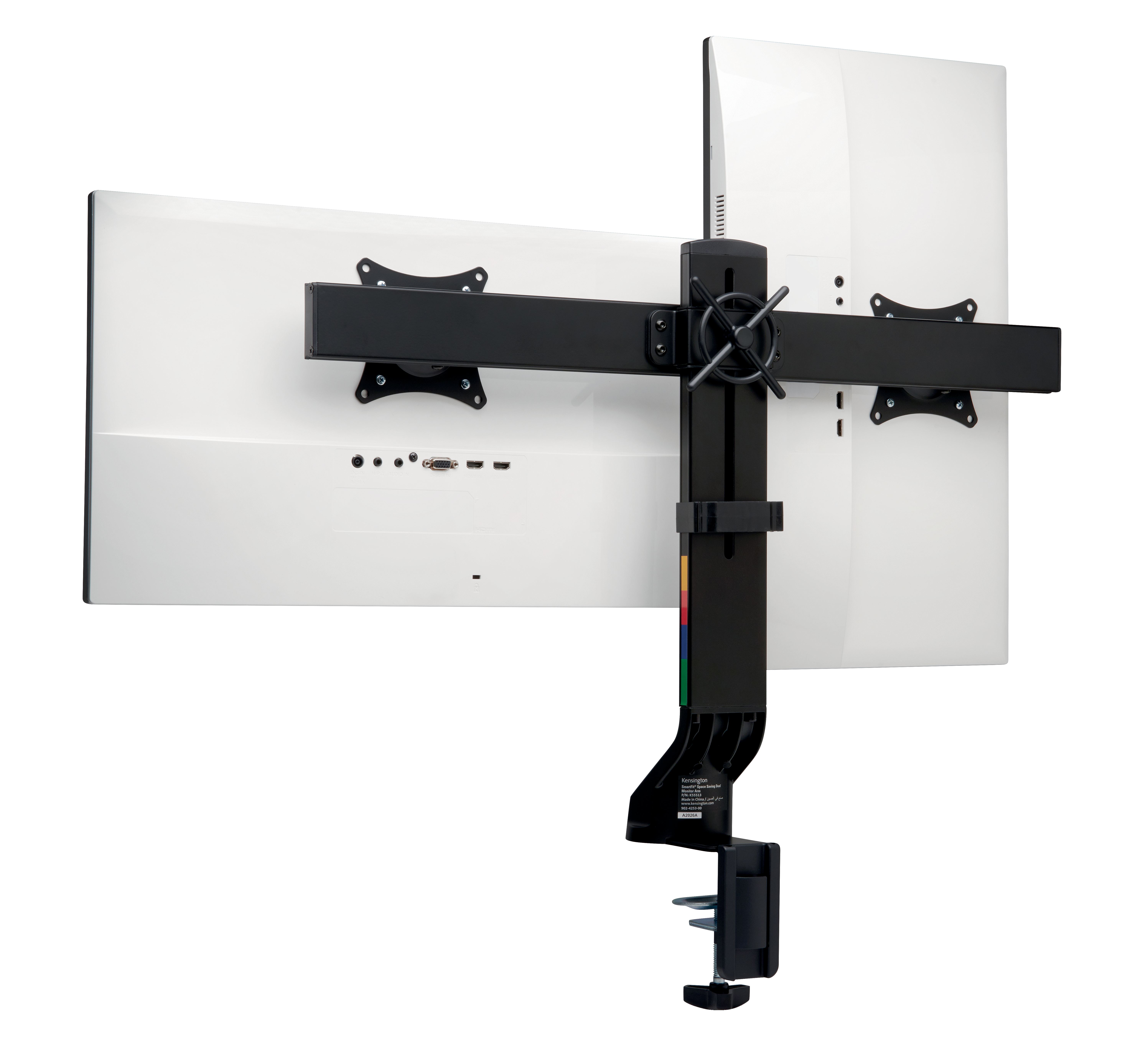 Eine Doppelmonitorhalterung. Zwei weiße Monitore sind an einem schwarzen Arm befestigt. Unten befindet sich eine schwarze Klemme.
