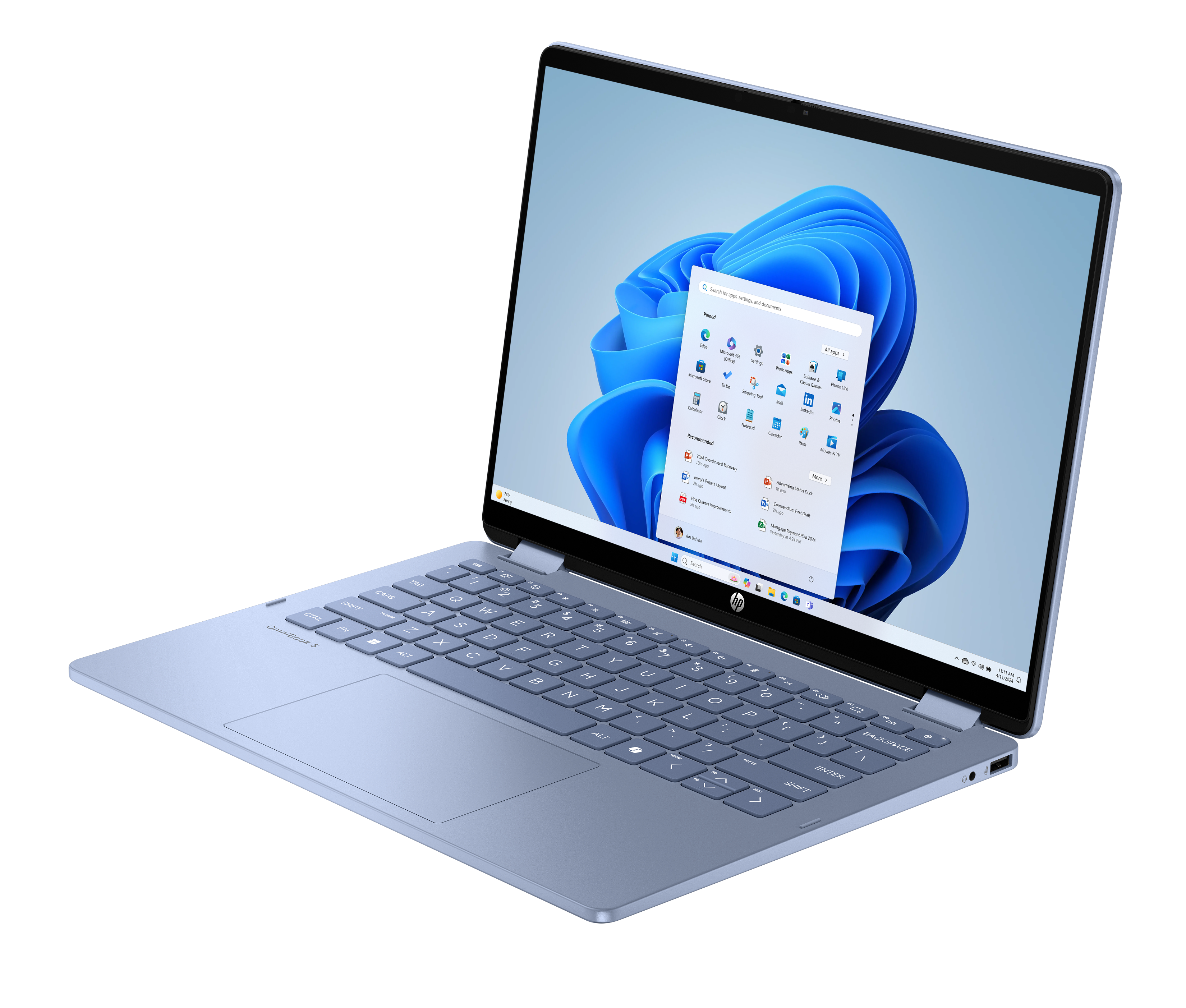 Niebieski laptop HP na czarnym tle, interfejs Windows 11 na ekranie.