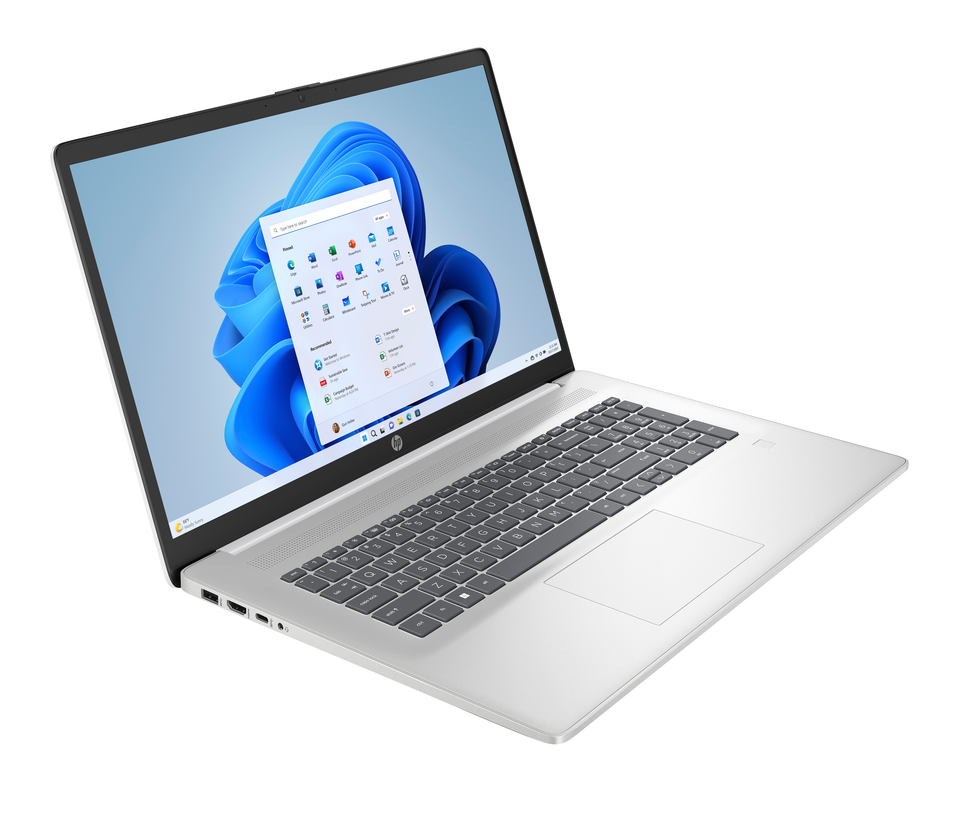 Srebrny laptop HP jest otwarty, pokazując interfejs Windows 11. Widoczna klawiatura i touchpad.