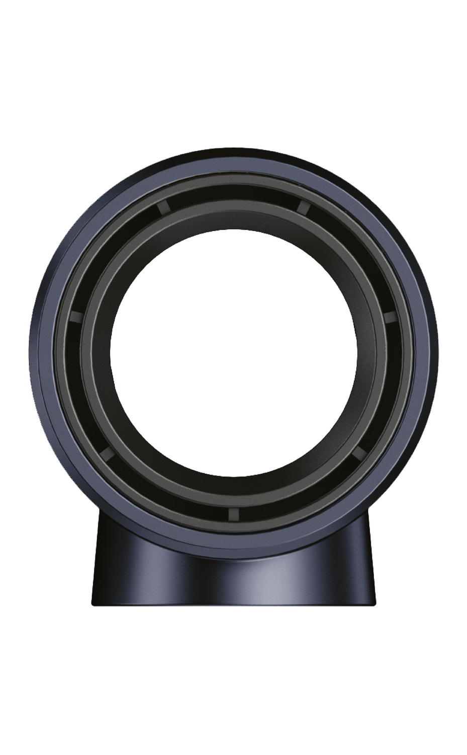 Un ventilador sin aspas negro y gris. Tiene un marco circular con un centro hueco. La base también es negra.