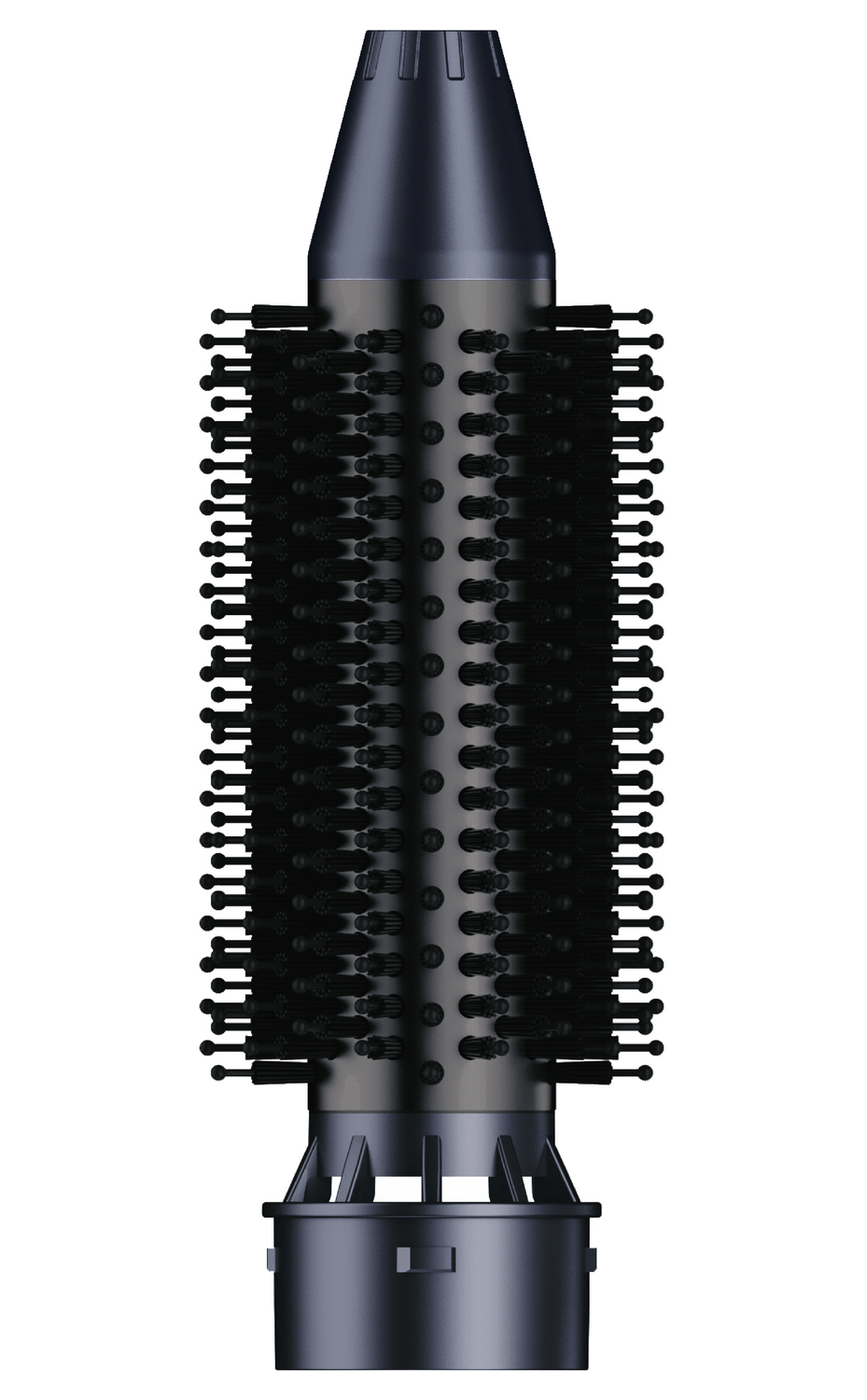 Un cepillo de pelo azul oscuro. Tiene un cuerpo cilíndrico con cerdas y una parte superior cónica. La base también es azul oscuro.