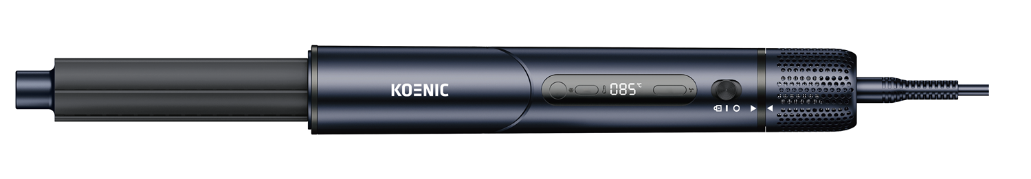 Una herramienta de peinado azul oscuro con pantalla digital que muestra 085 grados. La marca es visible.