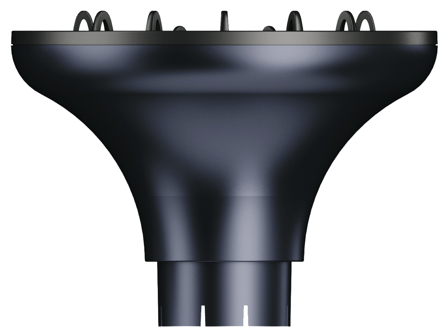 Un difusor negro para secador de pelo. Tiene forma de cono con una serie de bucles en la parte superior. La base tiene varias ranuras.
