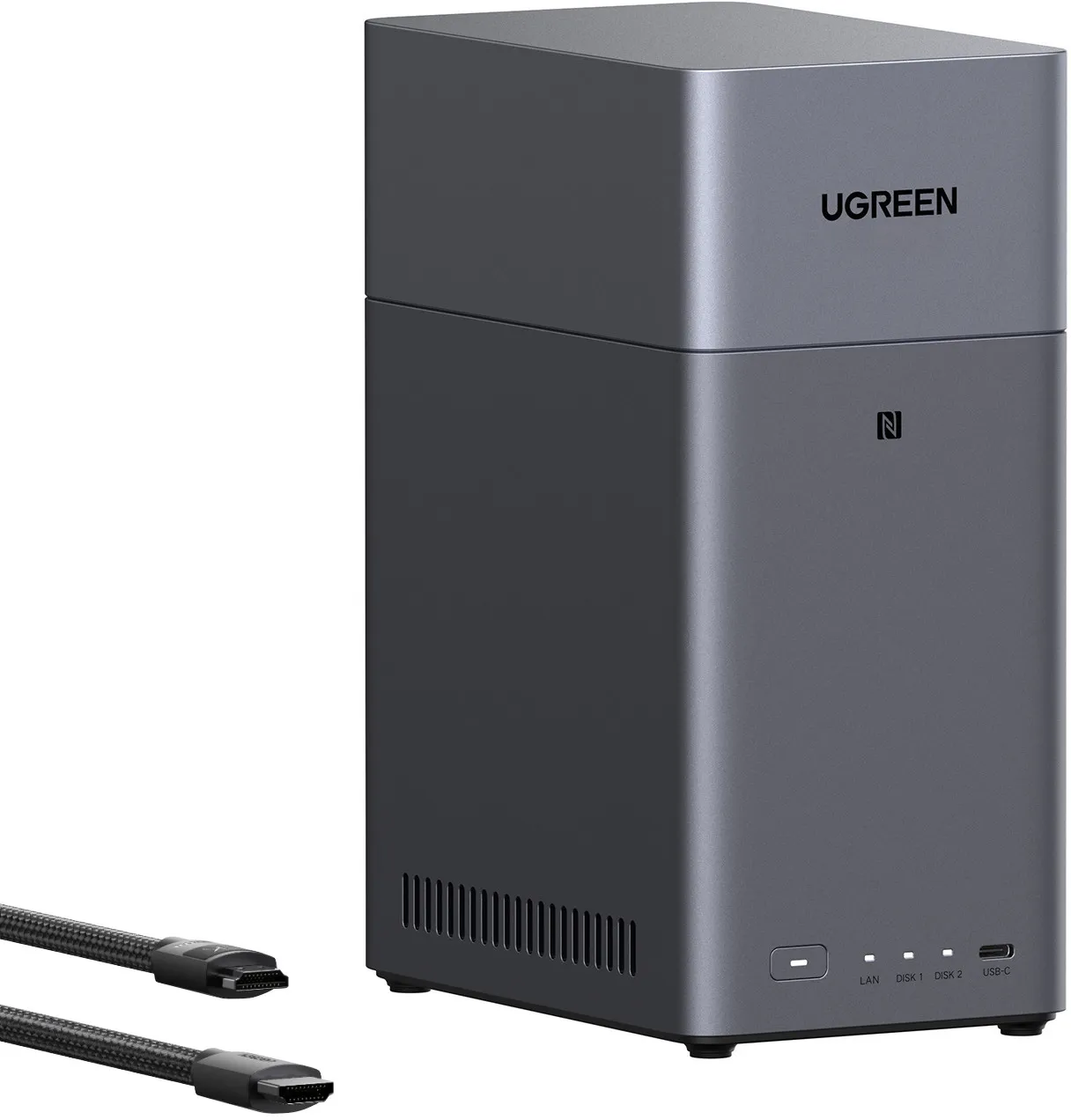 Ein dunkelgraues externes UGREEN-Festplattenlaufwerk mit zwei HDMI-Kabeln. Es hat LAN-, Festplattenanzeigen und einen USB-C-Anschluss.