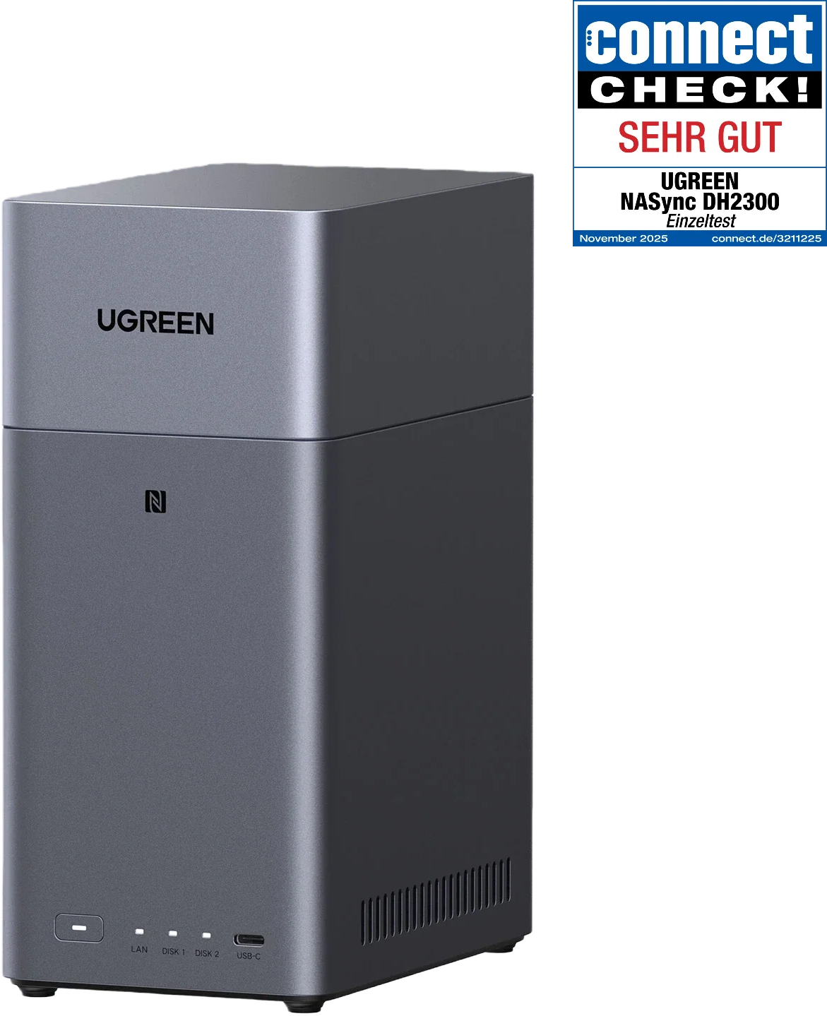 Ein dunkelgraues UGREEN NASync DH2300-Gerät. Hat LAN-, Disk 1-, Disk 2- und USB-C-Anschlüsse. Oben rechts befindet sich ein 'connect'-Haken.