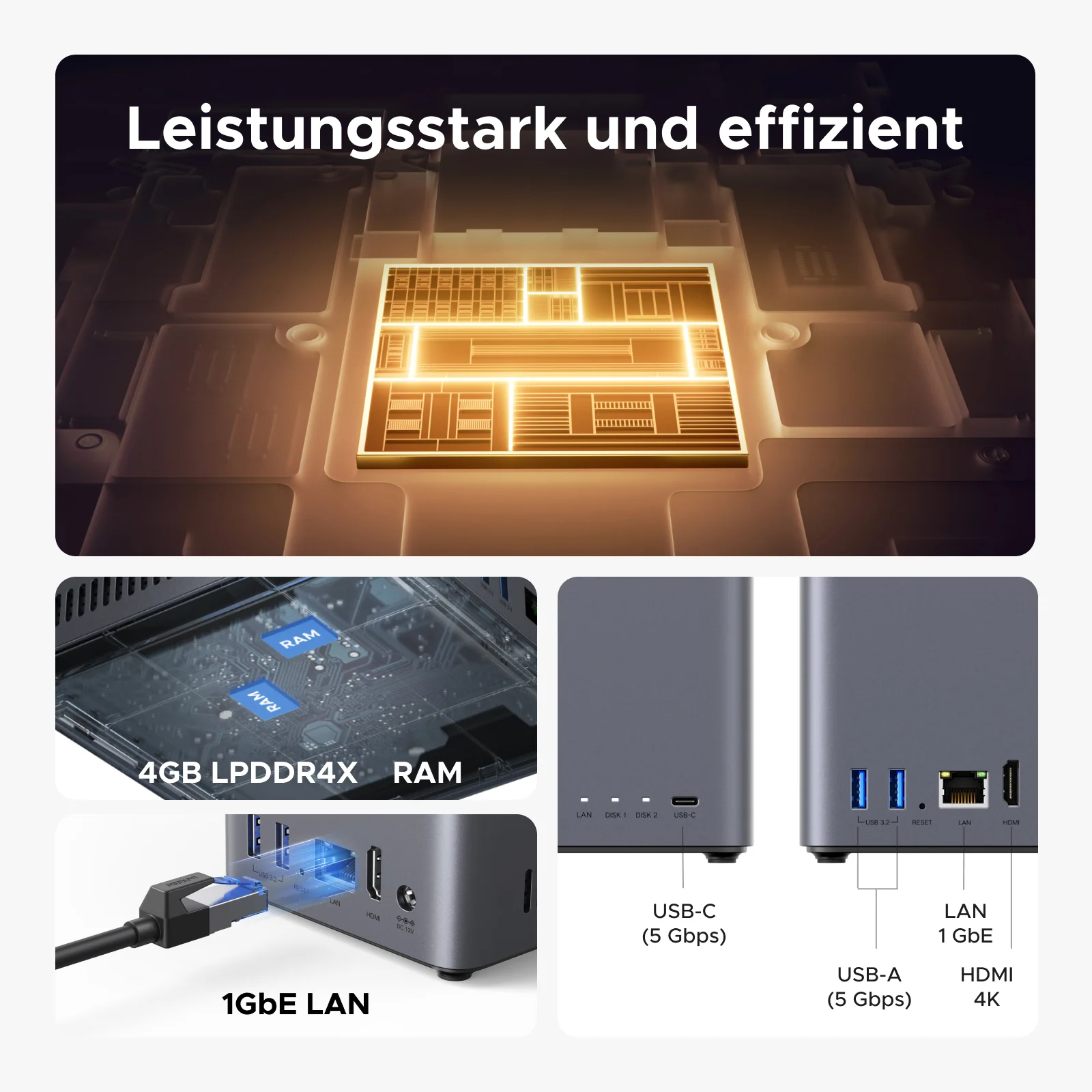 Das Bild zeigt eine Computerkomponente mit Text, einschließlich RAM, USB-Anschlüssen und HDMI. Es hat ein modernes Design, dunkelgraue Farbe.
