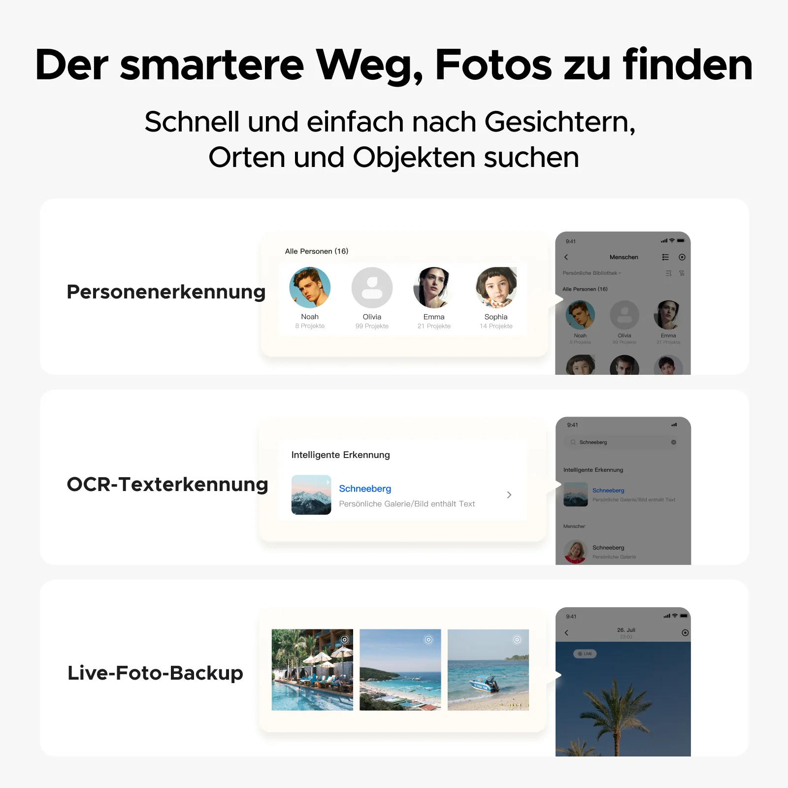 Das Bild zeigt eine Telefonoberfläche zur Fotoorganisation mit Funktionen wie Gesichtserkennung, OCR und Live-Foto-Backup.