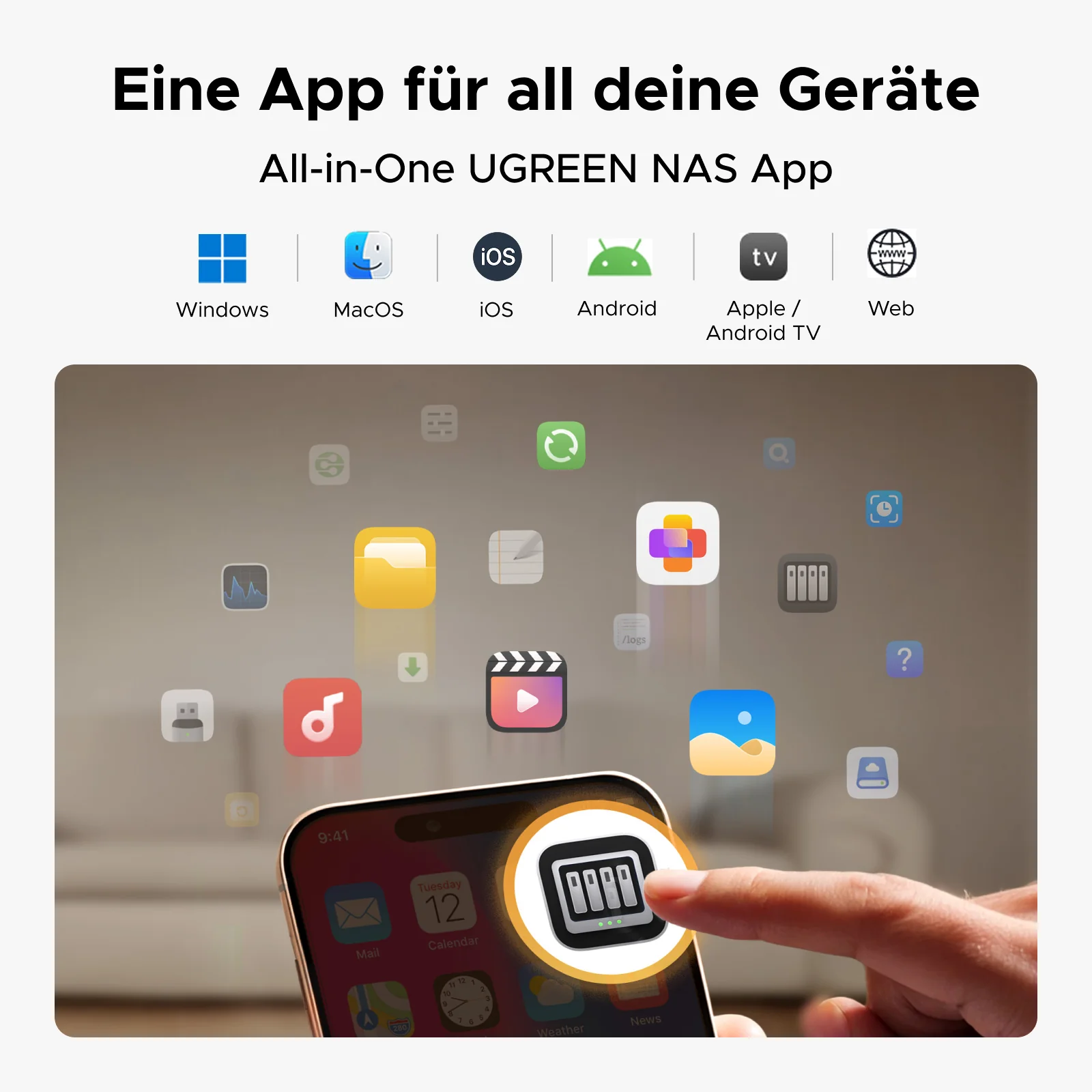 Das Bild zeigt ein Telefon mit App-Symbolen, eine Hand berührt eines. Text oben: 'Eine App für all deine Geräte'.