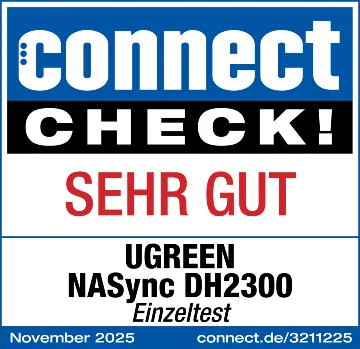 Das Bild zeigt ein blau-weißes Logo mit dem Text 'connect CHECK!' und 'SEHR GUT' in Rot.