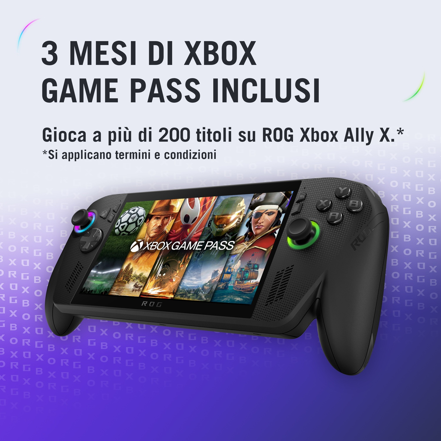 Console portatile ROG Ally X nera con schermo che mostra giochi Xbox Game Pass. Testo: 3 mesi di Xbox Game Pass inclusi.