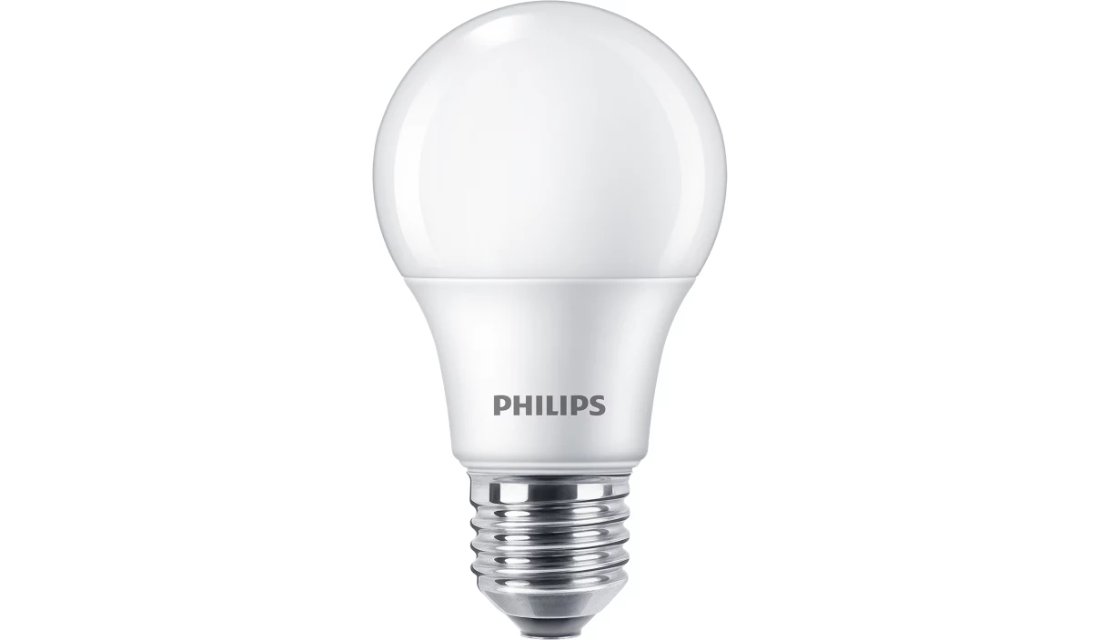 Eine weiße Philips LED-Glühbirne mit rundem Oberteil und Schraubsockel steht mittig vor weißem Hintergrund.