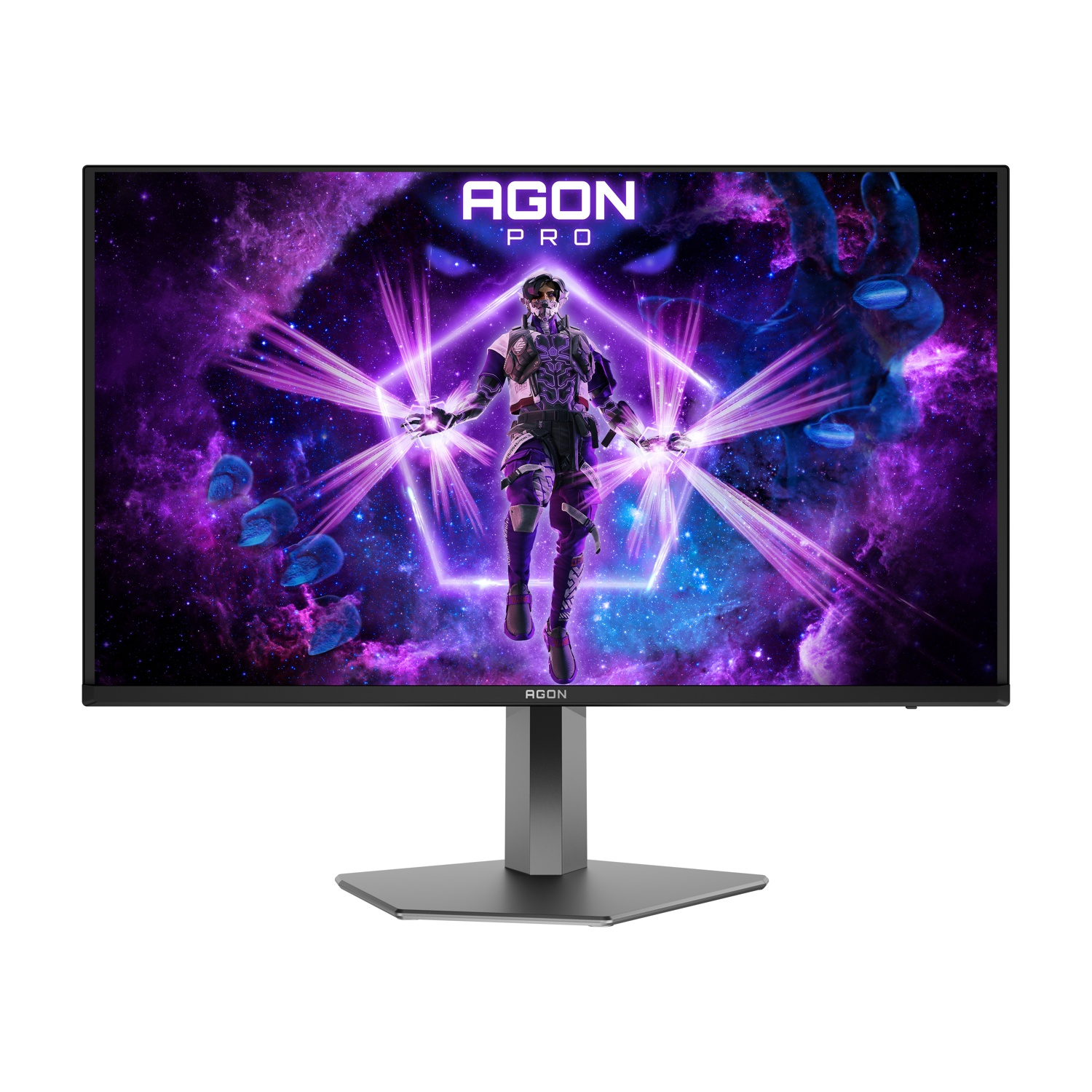 Monitor con scena di gioco futuristica. Un personaggio con linee luminose su sfondo galassia viola, logo AGON PRO.