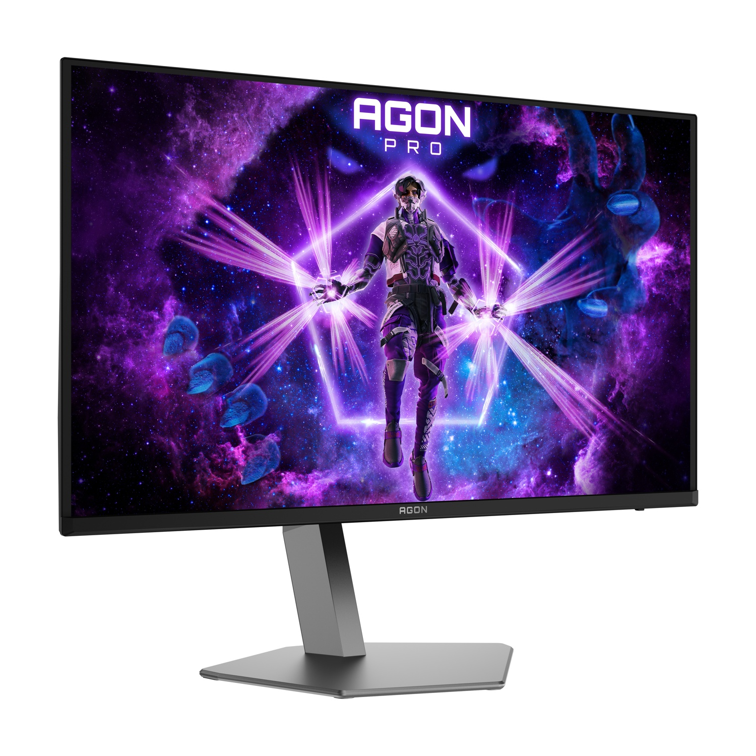 Monitor con scena di gioco. Figura in equipaggiamento futuristico con raggi energetici su sfondo galassia viola, logo AGON PRO.