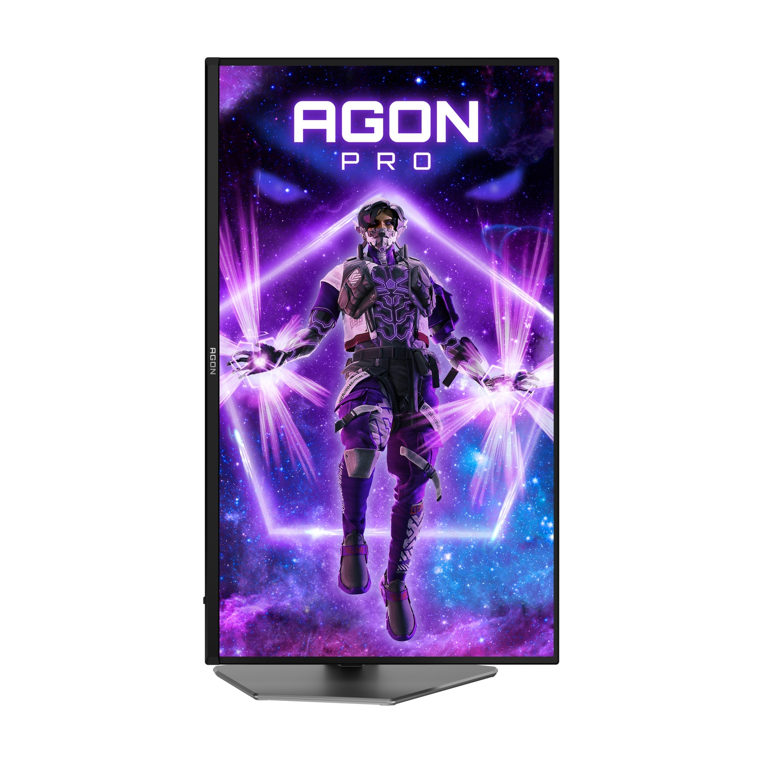 Il monitor mostra un guerriero futuristico con effetti energetici, il logo AGON PRO e uno sfondo galattico.