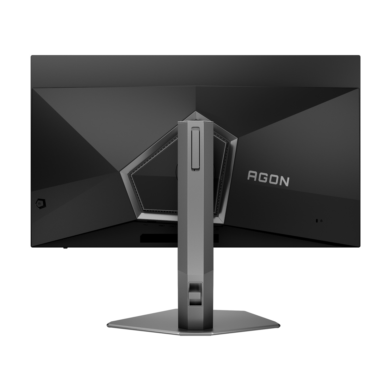 È visibile il retro di un monitor AGON nero. Ha un design geometrico e un supporto argentato. Il logo AGON è sul lato destro.