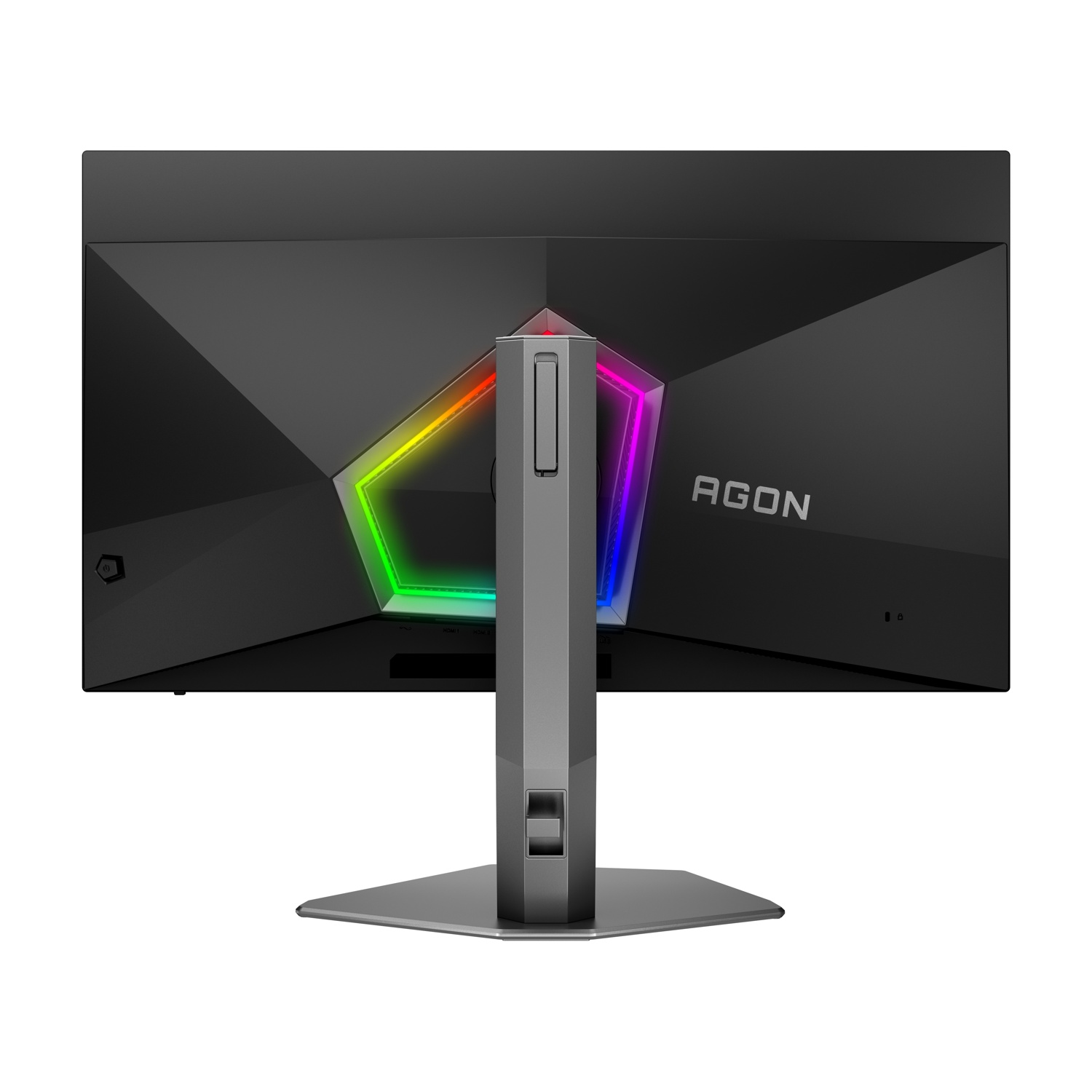 La parte posteriore di un monitor AGON nero. Ha luci RGB sui bordi. Il supporto è argentato e il nome del marchio è visibile.