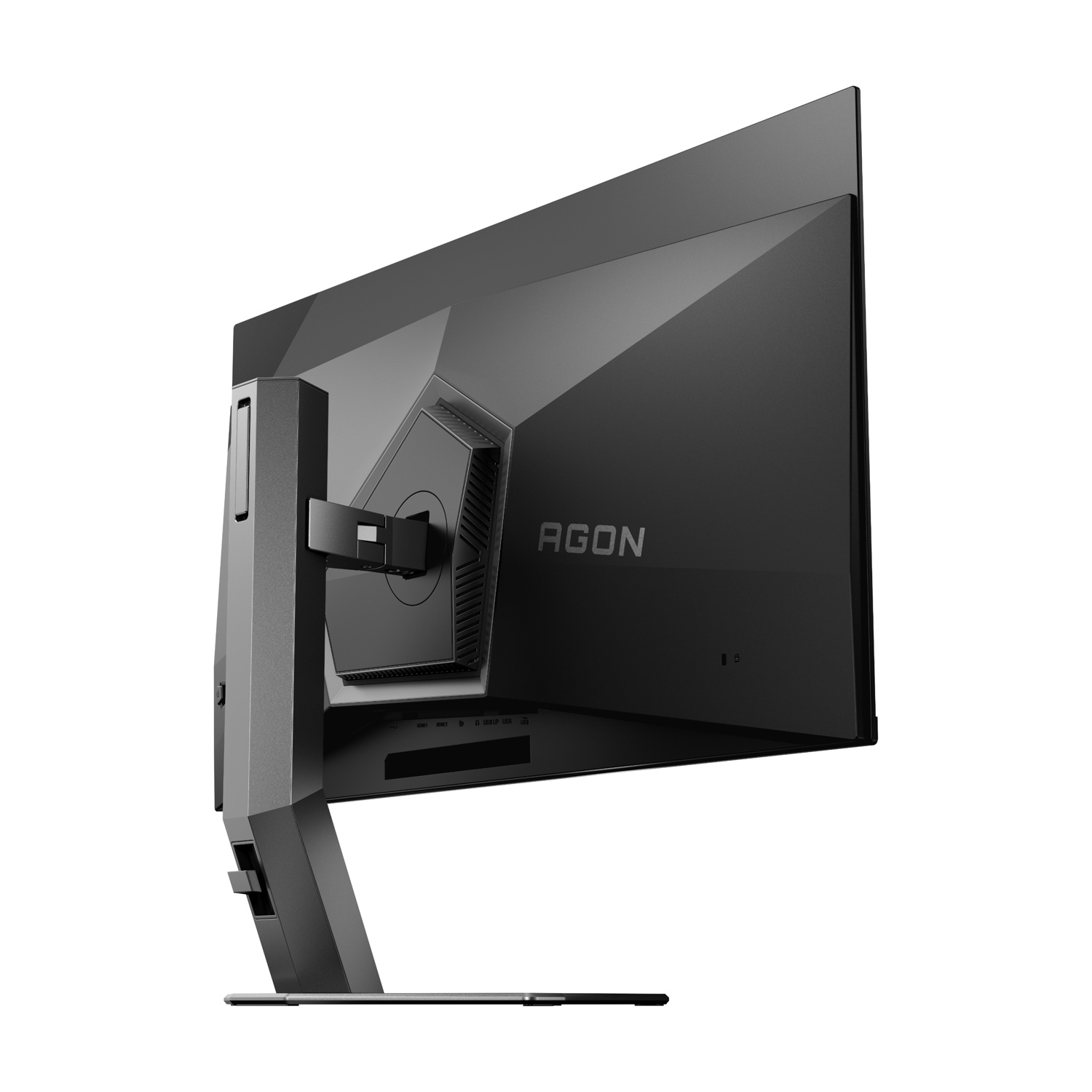 La parte posteriore di un monitor AGON nero è mostrata su sfondo bianco. Il supporto è grigio scuro e il monitor ha delle porte.