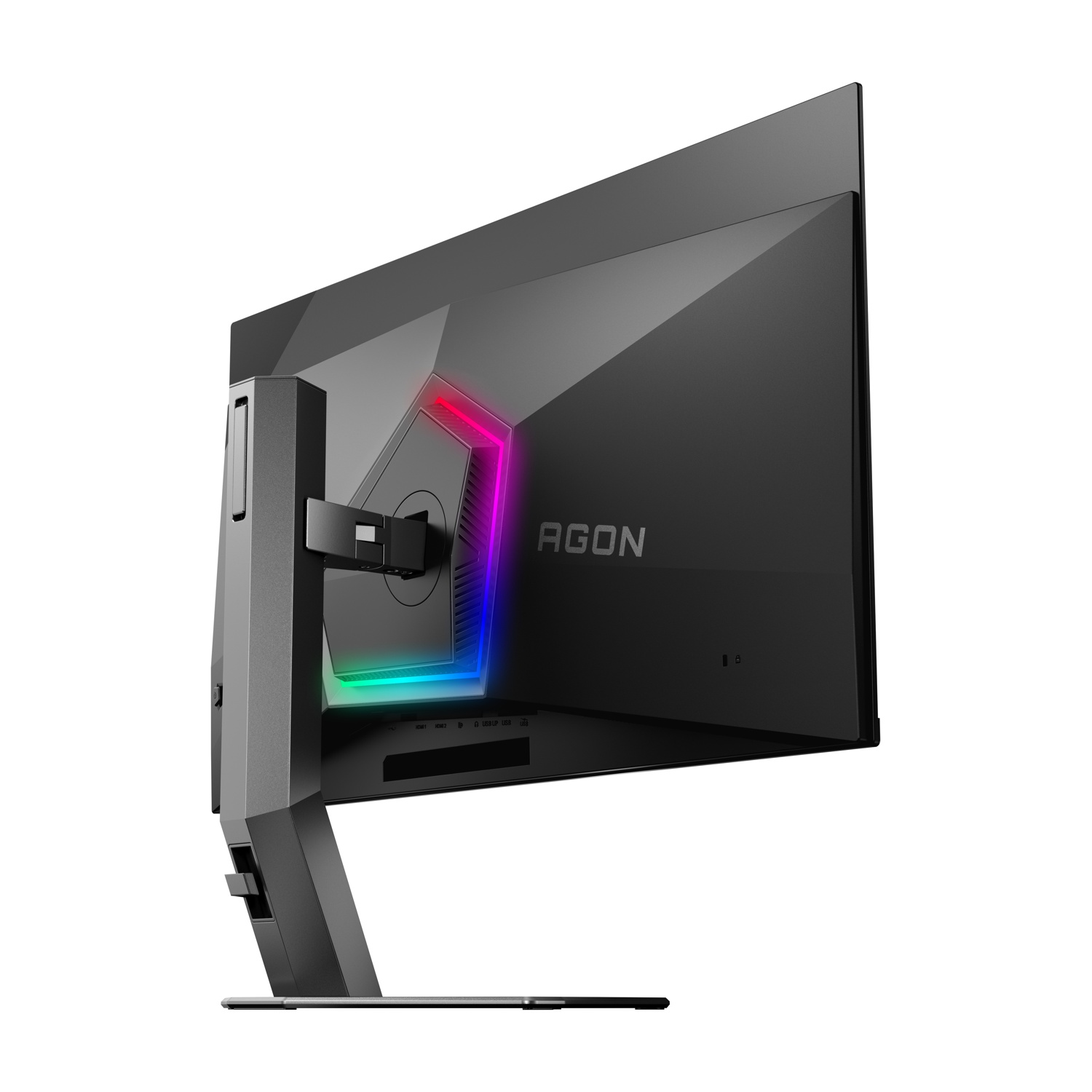 Il retro di un monitor AGON nero. Ha un supporto, un design luminoso multicolore e la scritta AGON sul retro.