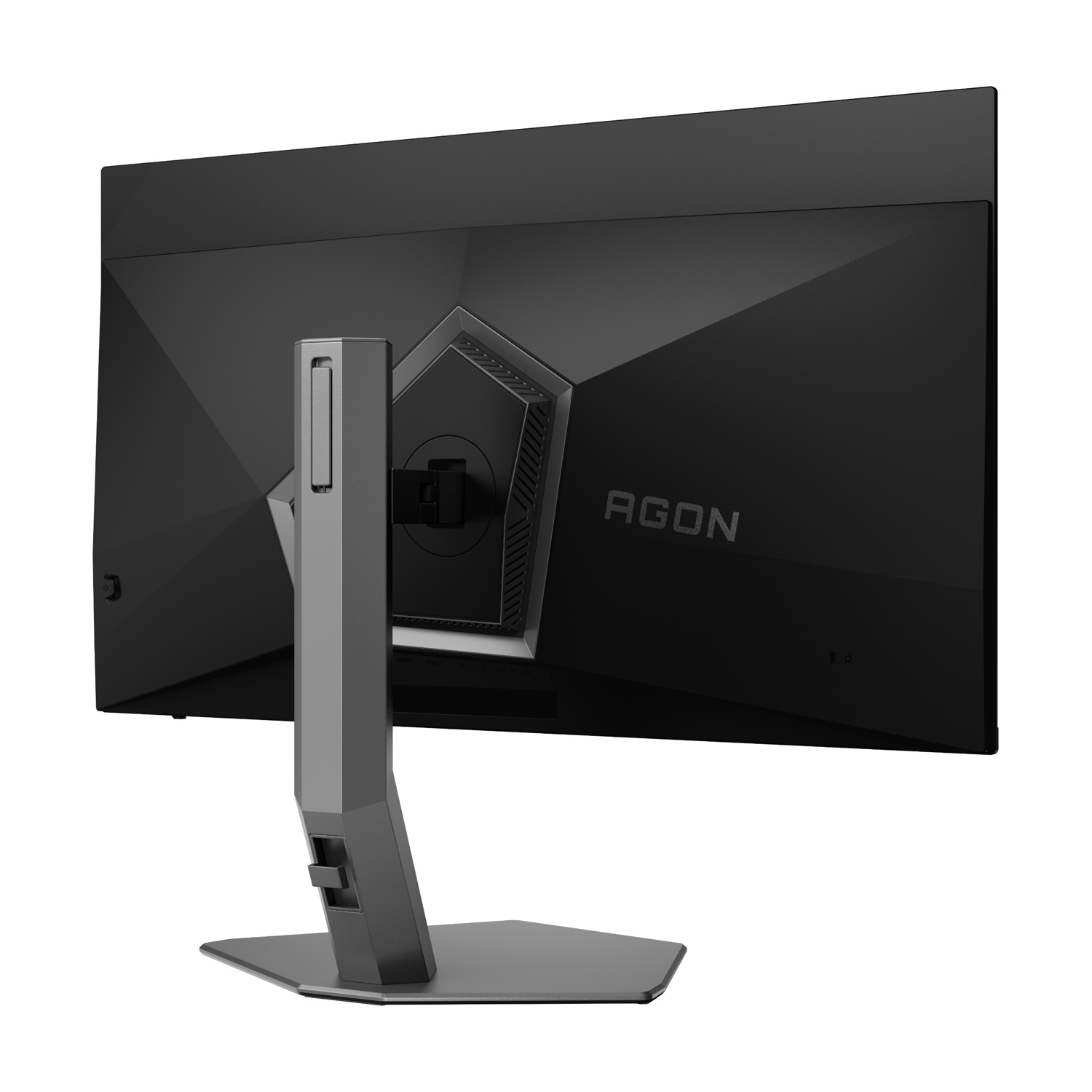 Viene mostrato il retro di un monitor AGON nero. Un supporto argentato sostiene il monitor, che ha un design geometrico. La parola AGON è stampata.
