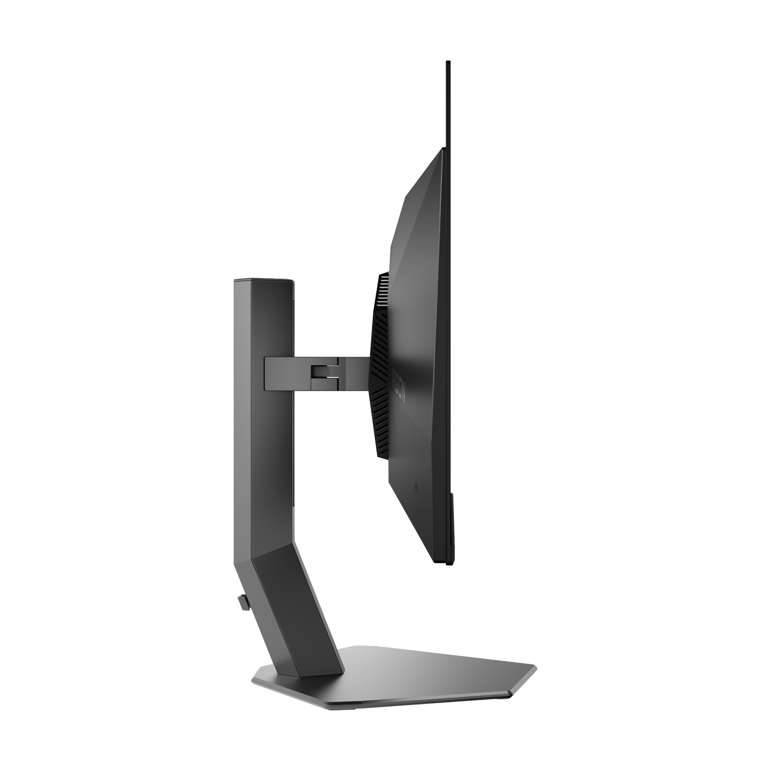 Vista laterale di un monitor del computer nero. Ha un supporto e si trova su uno sfondo bianco.