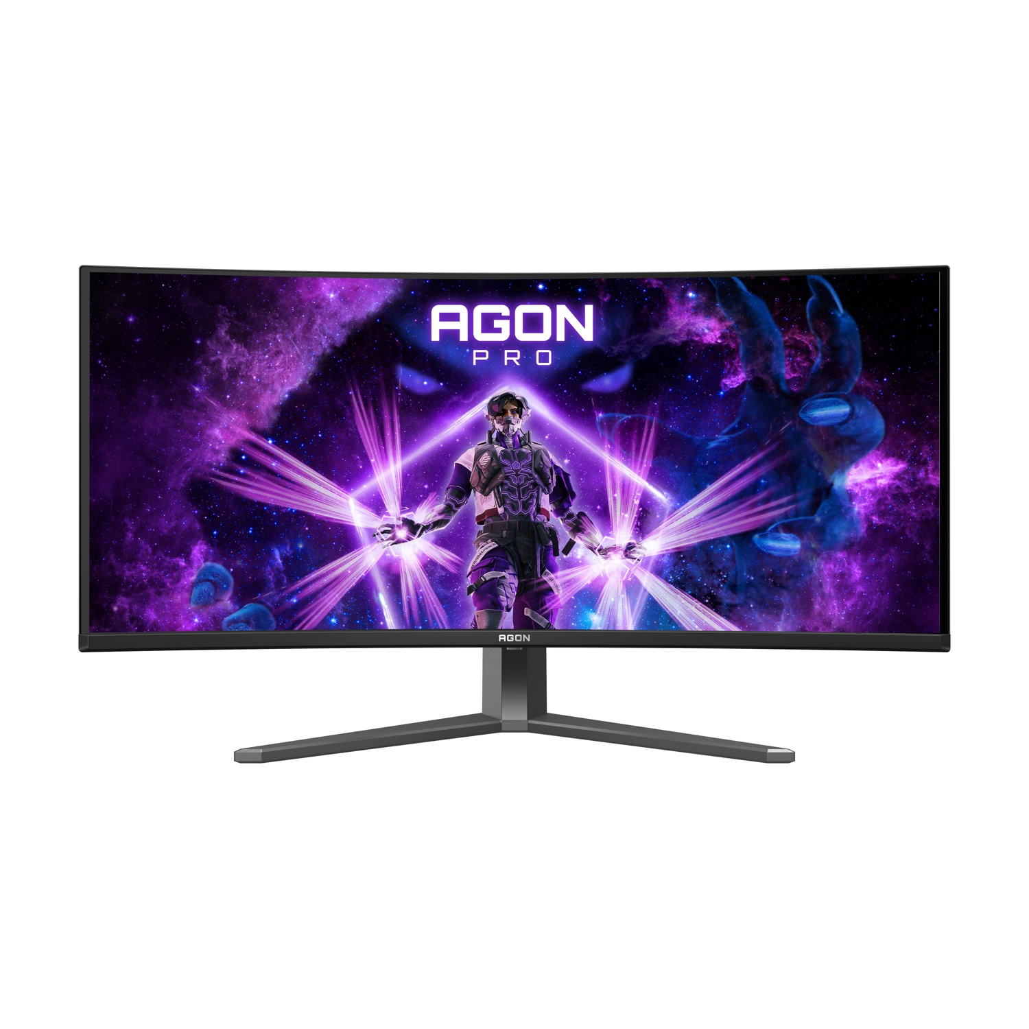 Monitor curvo che mostra una scena futuristica con una figura in armatura. Sfondo spaziale viola e blu con la scritta AGON PRO.