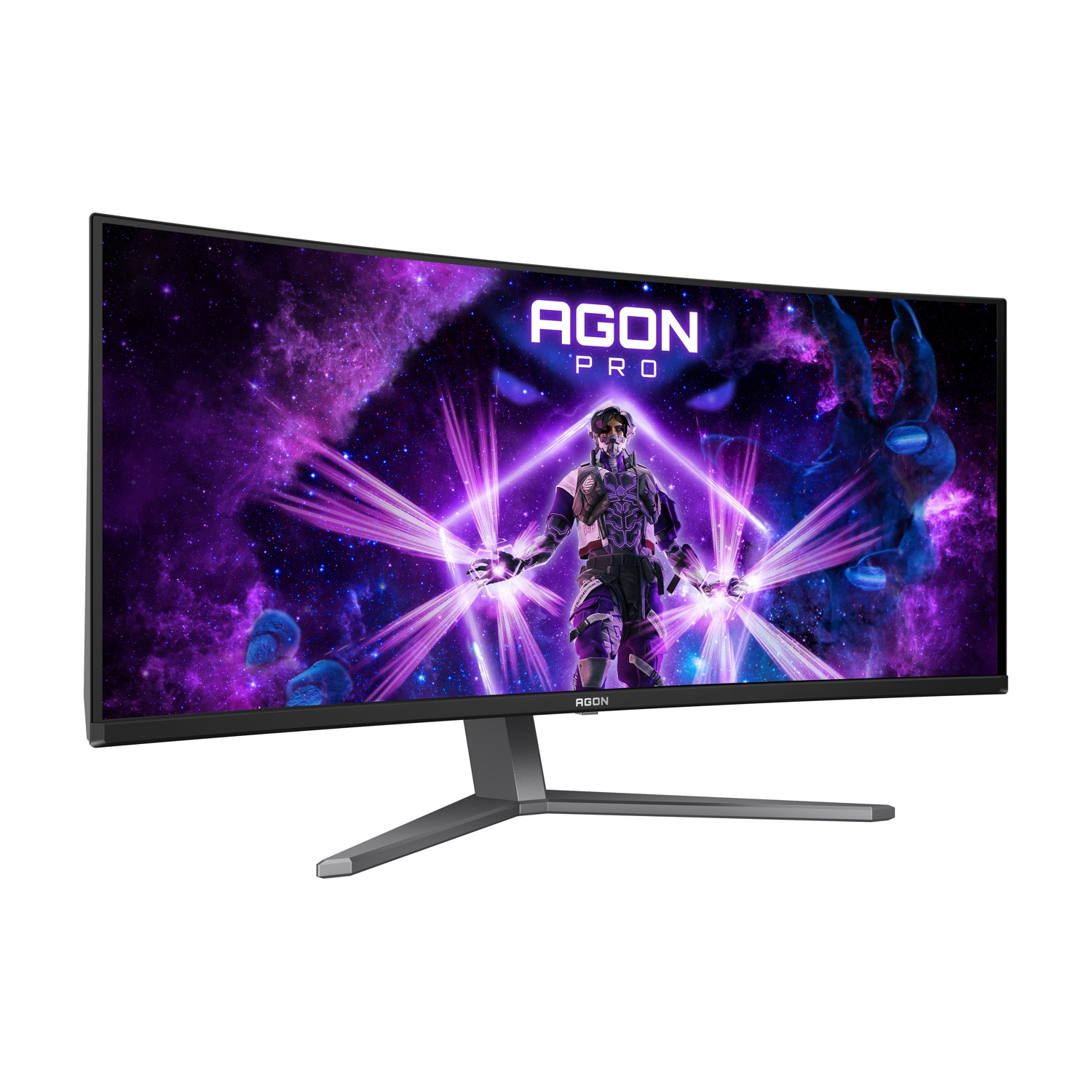 Monitor curvo con grafica futuristica. Mostra una figura con le braccia tese. I colori dominanti sono viola e bianco.