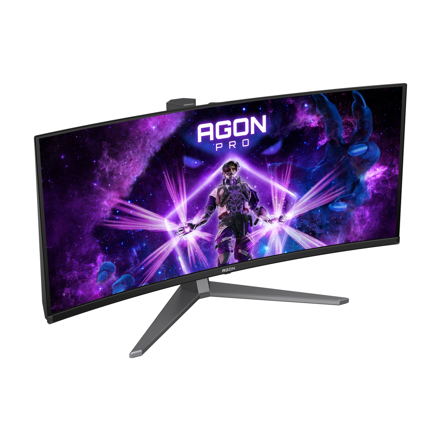 Monitor AGON PRO curvo. Lo schermo mostra un'immagine di galassia viola con una figura. Il monitor è su un supporto grigio, su sfondo bianco.