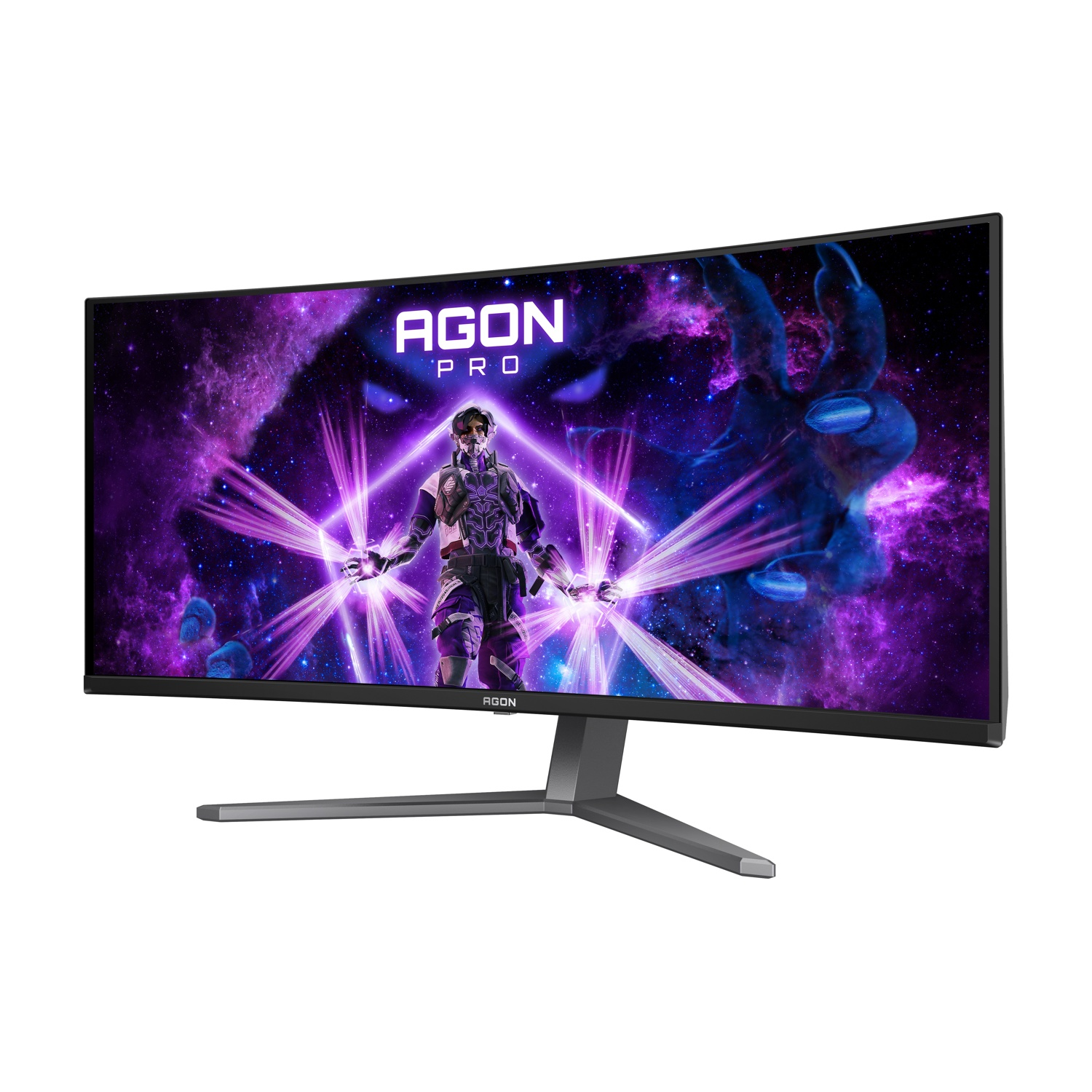 Monitor curvo AGON PRO. Mostra una scena futuristica con una figura, raggi viola e uno sfondo di nebulosa. Supporto grigio.