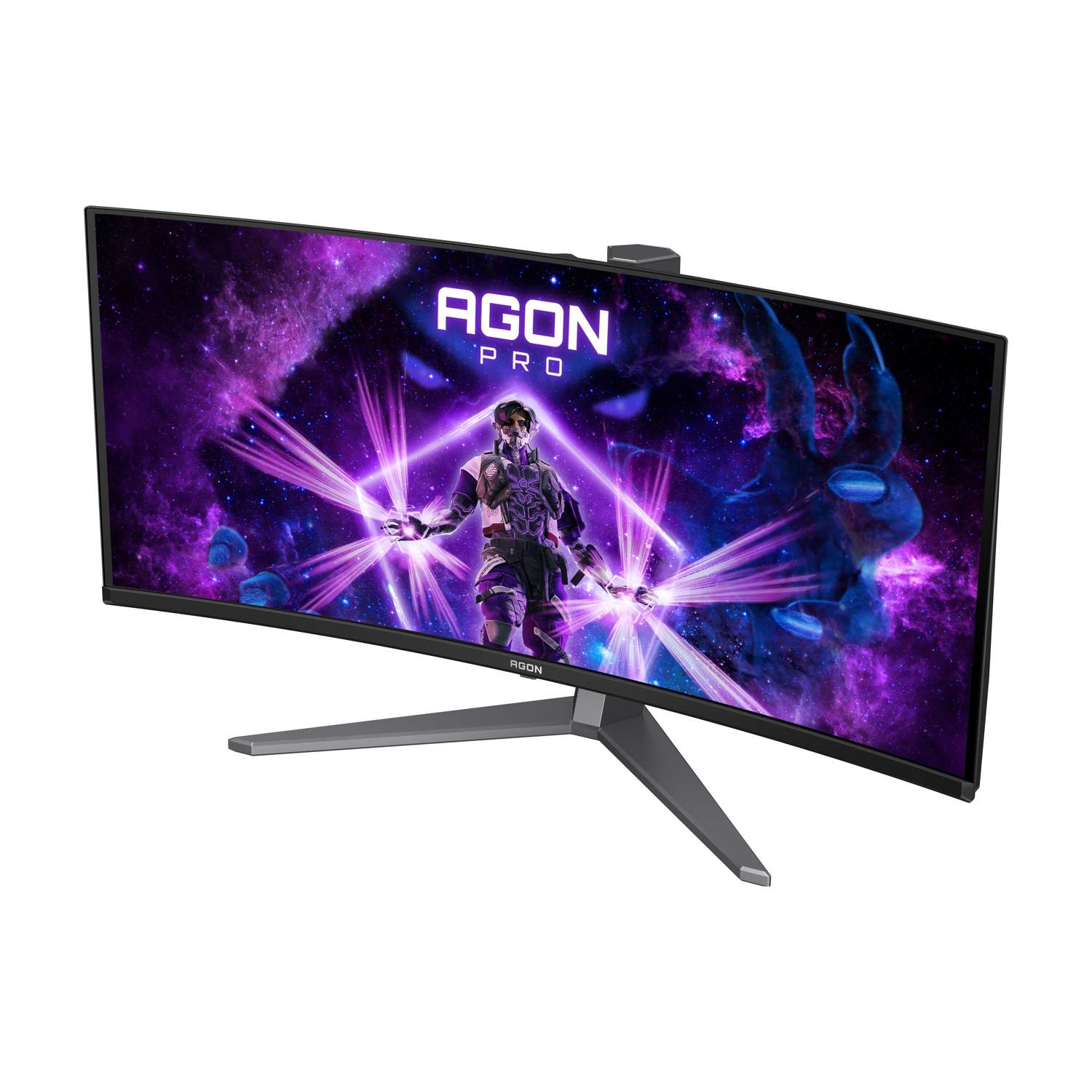 Monitor curvo con grafica futuristica. Il monitor ha un supporto argentato. Lo schermo mostra una scena spaziale con figura.