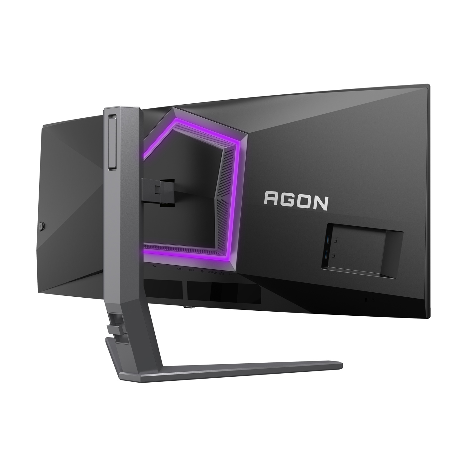 Il retro di un monitor AGON nero. Ha un supporto, un design geometrico viola brillante e varie porte.