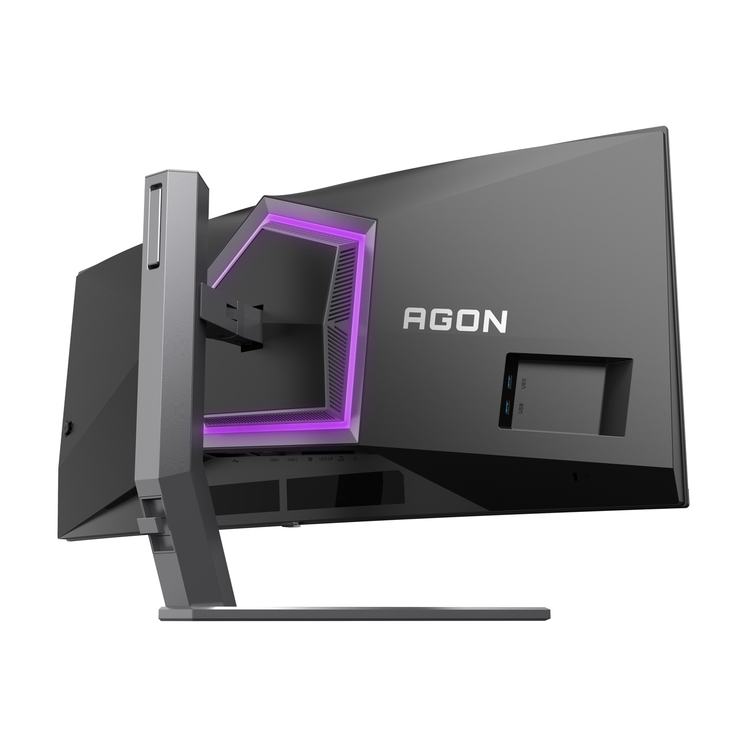 Il retro di un monitor AGON nero. Ha un supporto argentato e un elemento di design illuminato di viola. Le porte sono visibili.