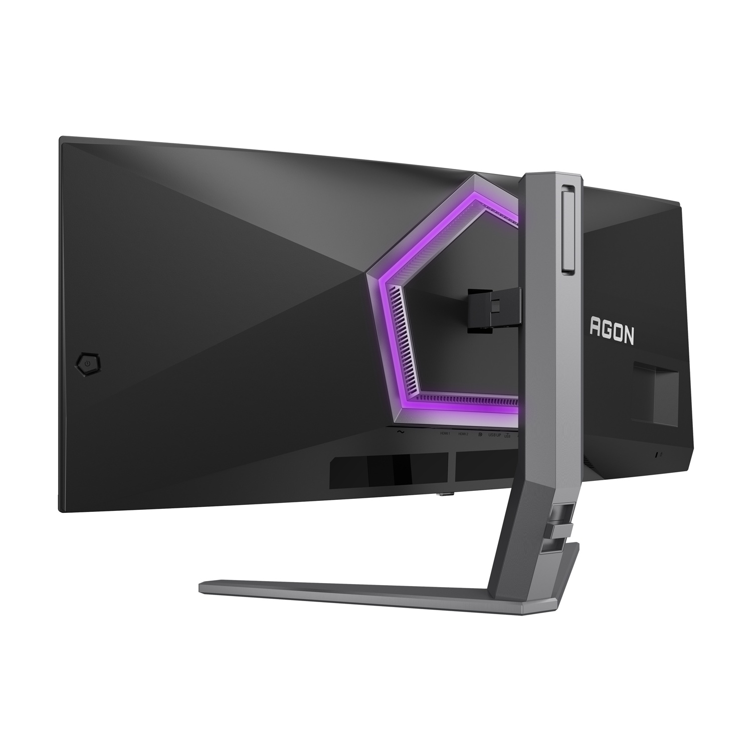 Un monitor per computer nero con supporto argentato. Ha una luce viola sul retro. Il marchio AGON è visibile.