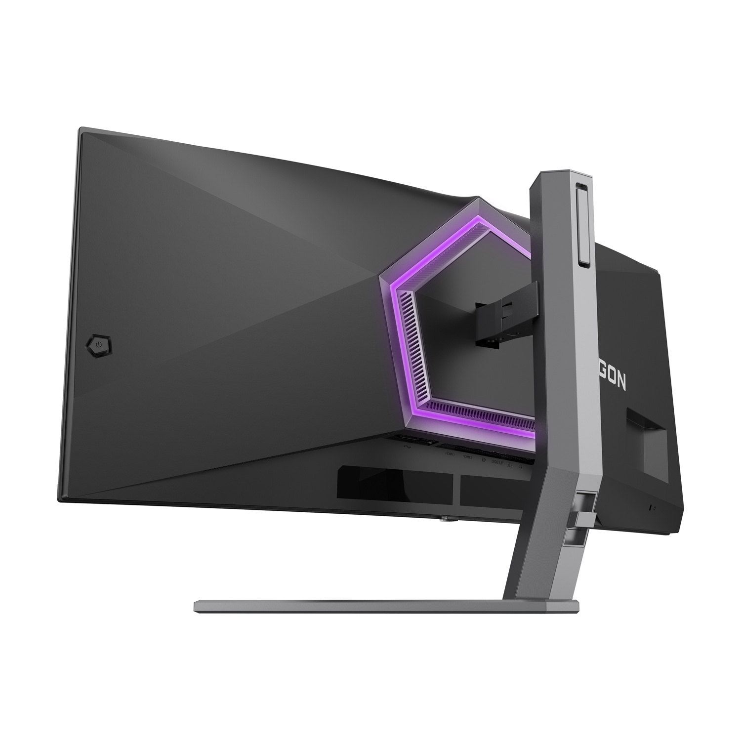 Un monitor per computer nero con supporto argentato. Il retro ha un design illuminato di viola. Il monitor è angolato verso lo spettatore.
