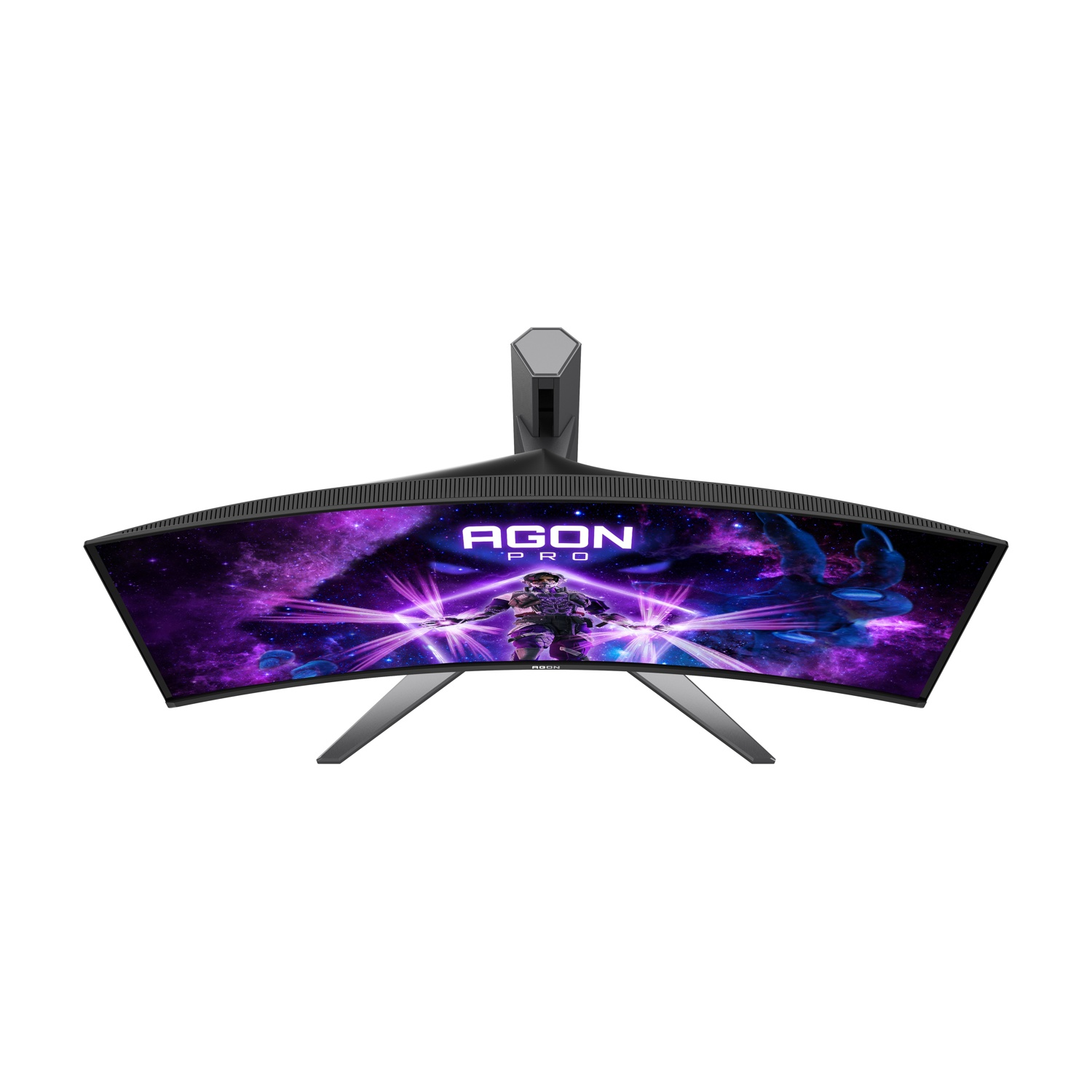 Un monitor curvo AGON PRO. Mostra un'immagine di galassia viola con una figura e testo. Il supporto è grigio.