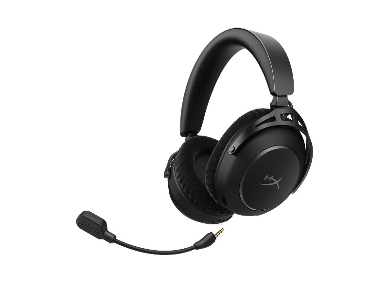 Fekete HyperX gamer fejhallgató mikrofonnal. Párnázott fejpántja és fülpárnái, valamint aranyozott csatlakozója van.