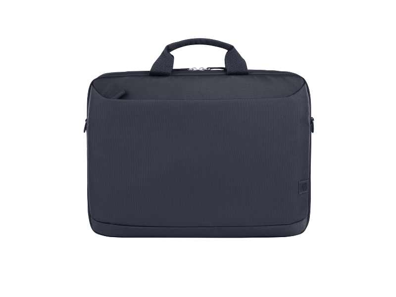 Egy sötétkék laptop táska fogantyúval fekete háttérben. Van rajta cipzár és egy kis logó.