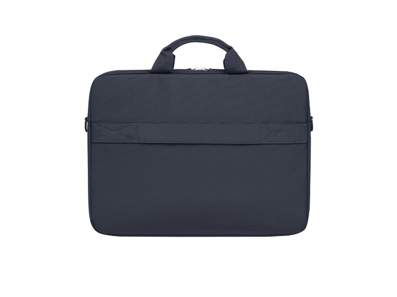 Egy sötétkék laptop táska fogantyúval és pánttal fekete háttéren. A táska téglalap alakú.